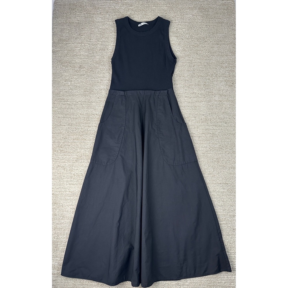 Zara Black Mixed Media Ribbed Knit Cotton Poplin Maxi Dress Sleeveless Pockets